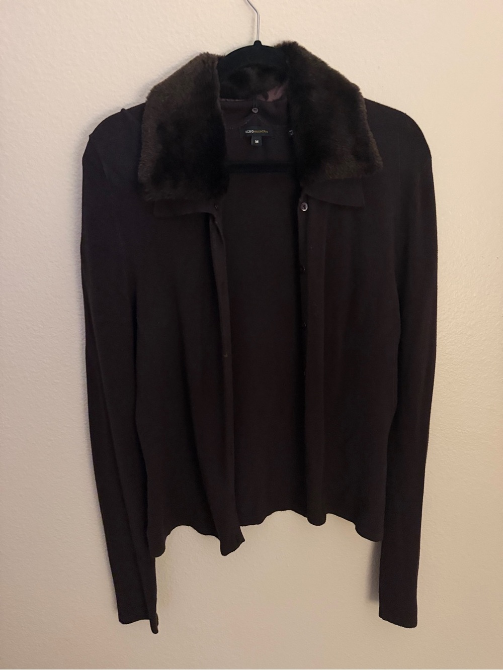 Dark Brown Faux Fur Collar Cardigan Sweater